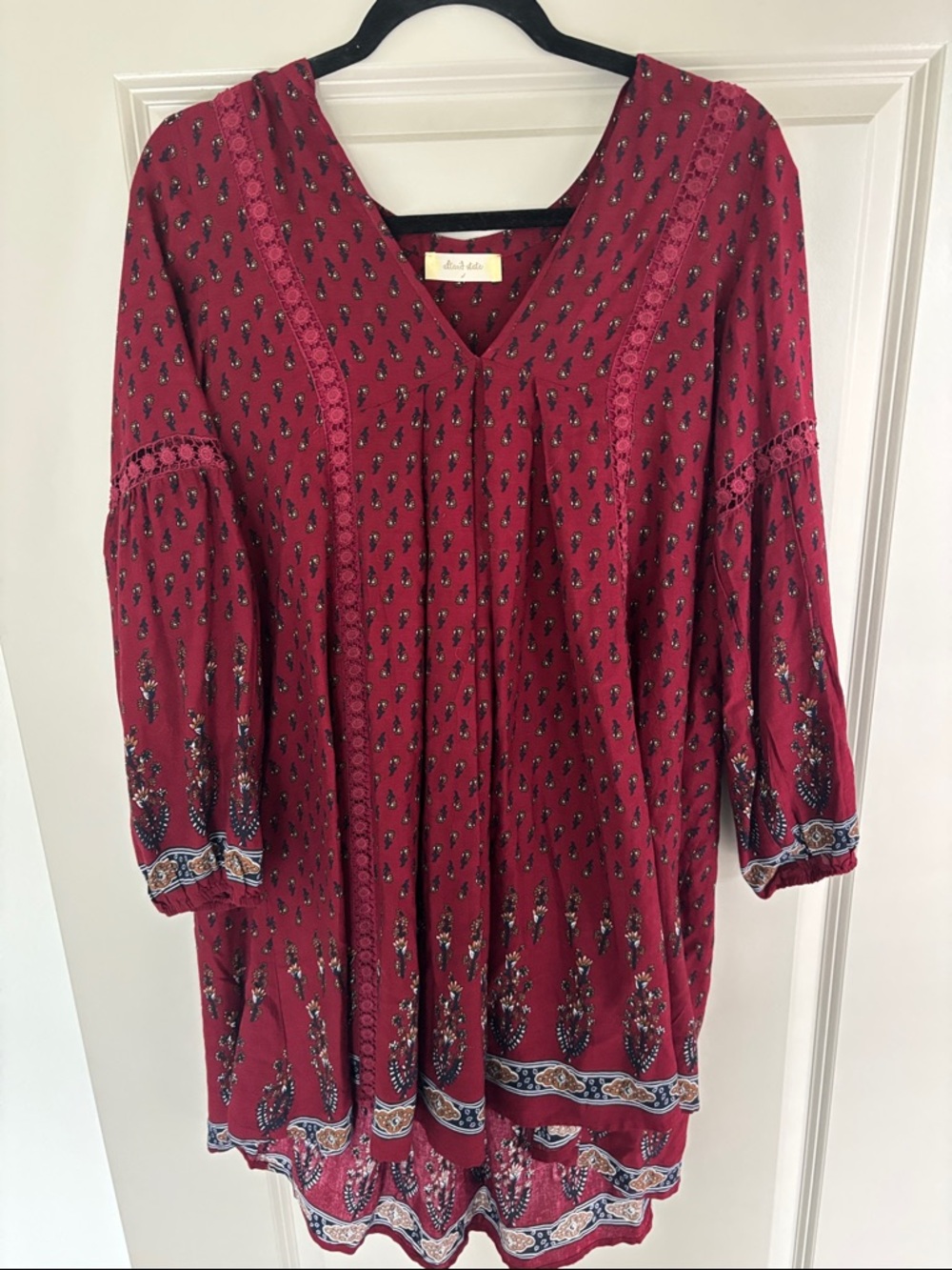 Women's Burgundy Boho Peasant Dress- Unbranded